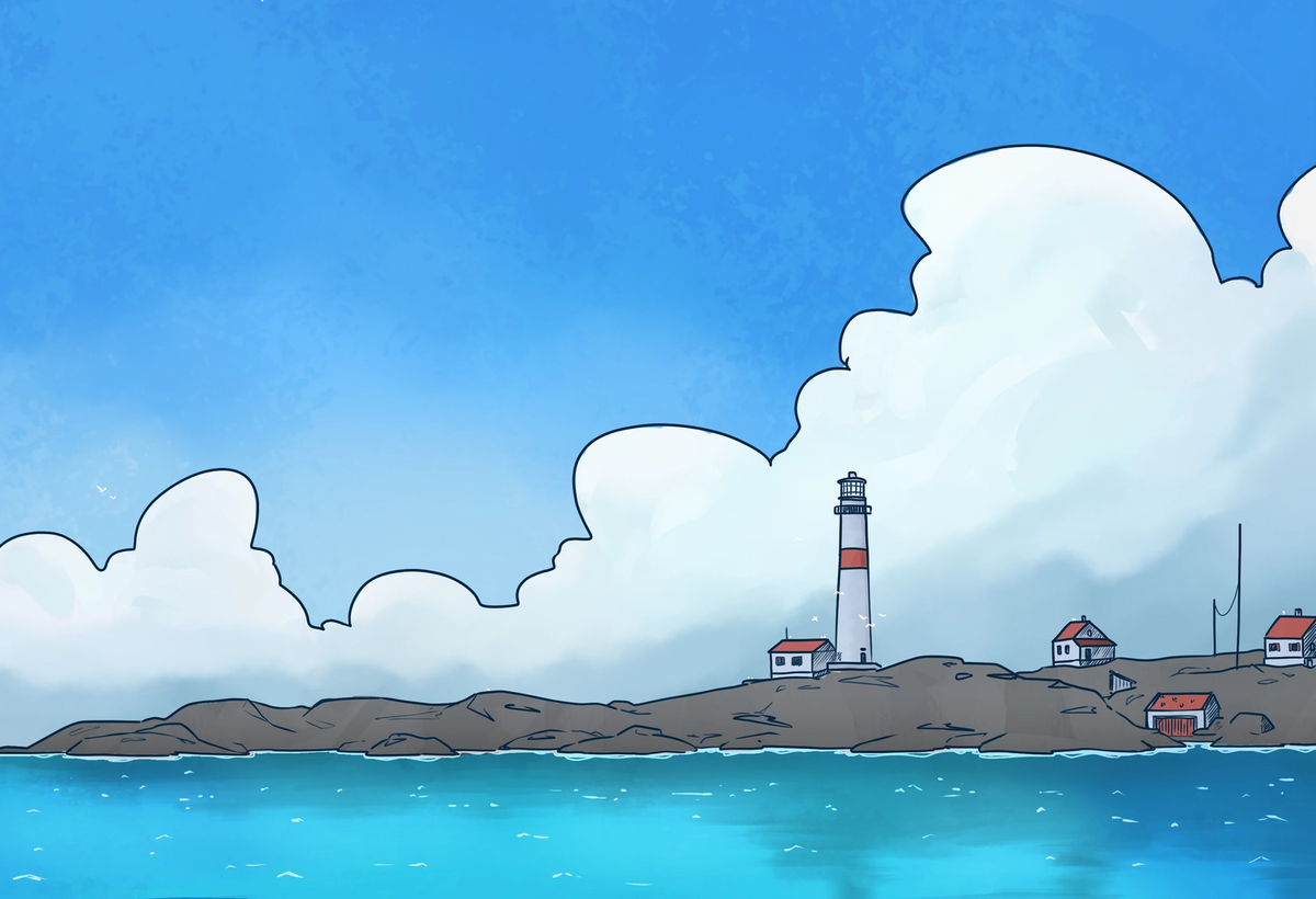 Illustration of a lighthouse on a coastal cliff.