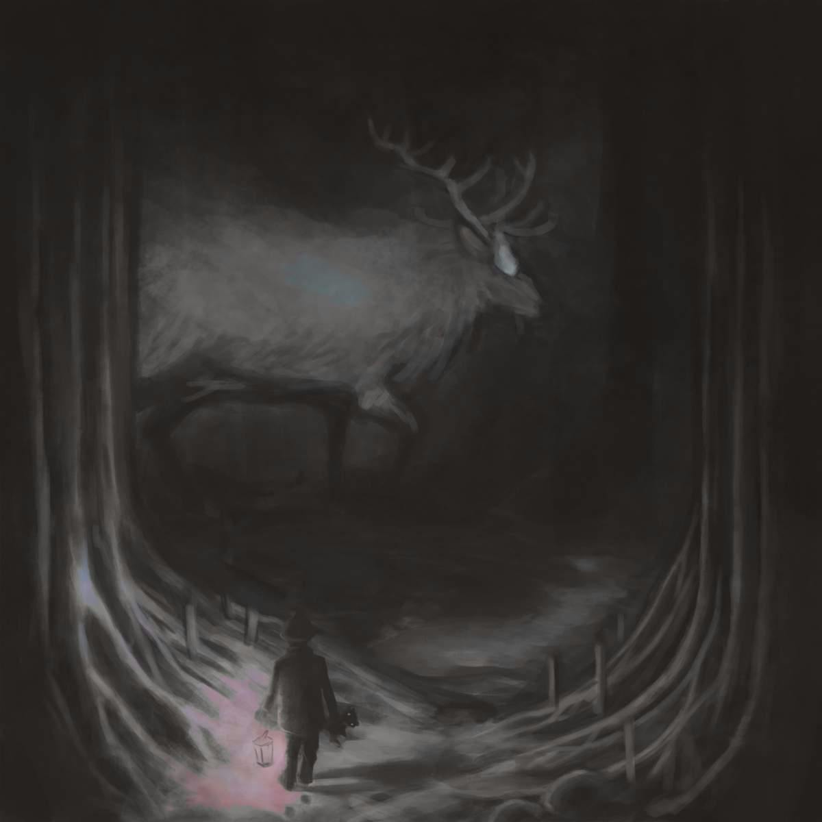 Person with lantern walking in dark woods towards a ghostly stag.