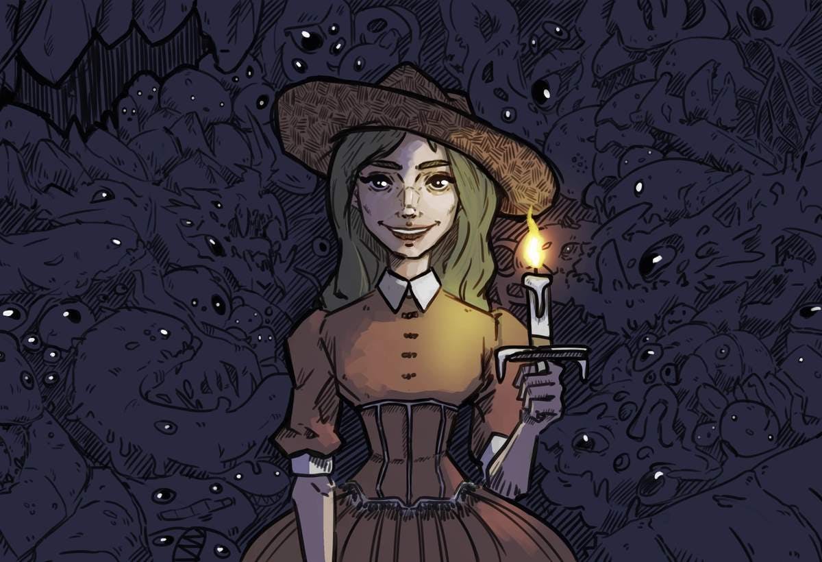 Illustration of a woman holding a candle, surrounded by watchful eyes.