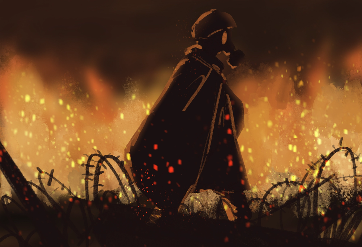 Illustration of a soldier amidst fiery explosions.