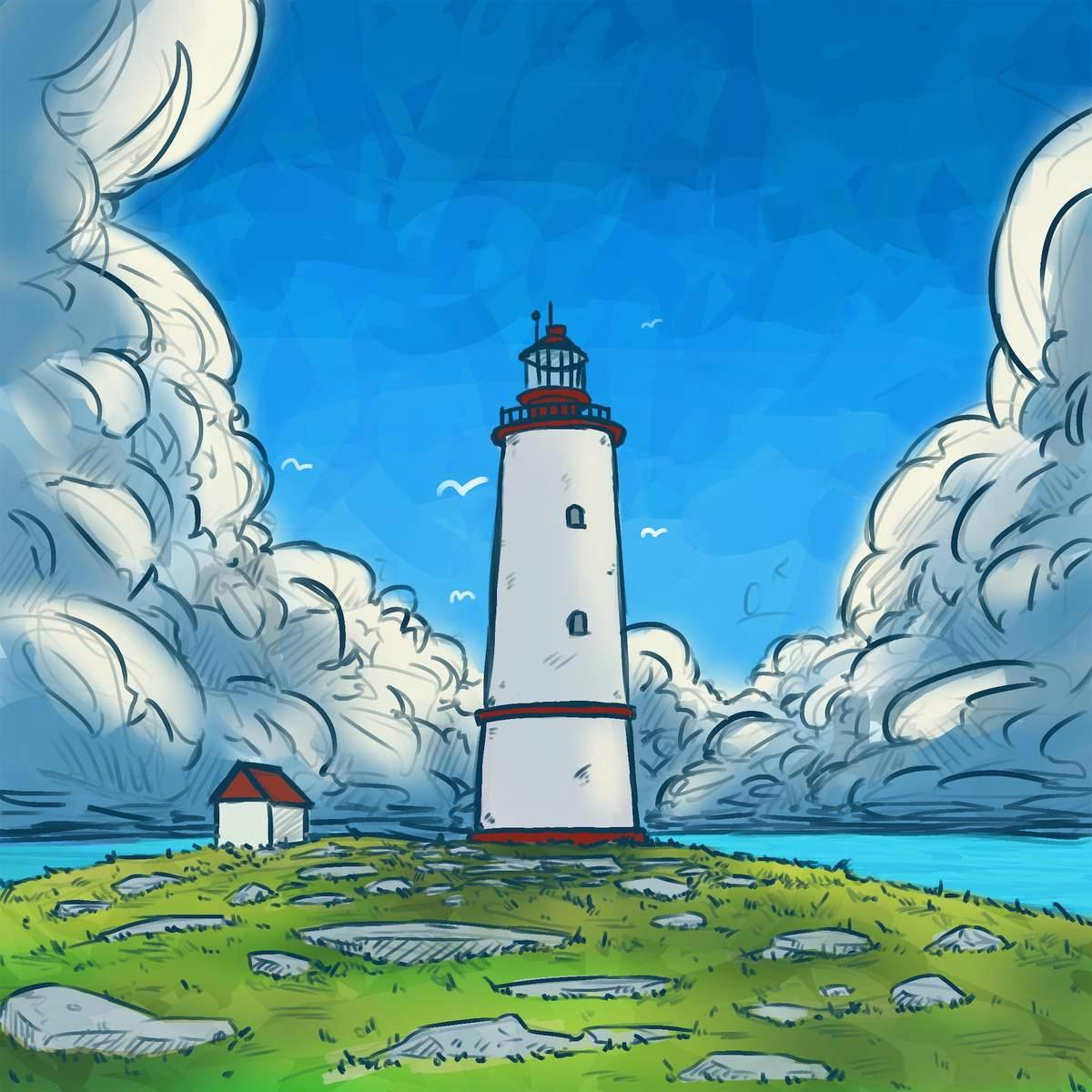 Illustration of a lighthouse on a grassy knoll under dramatic clouds.