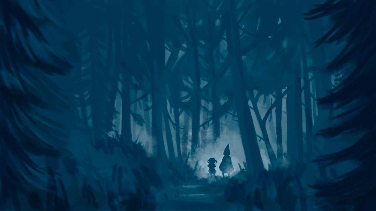 Two silhouetted figures stand in a misty, blue forest clearing.
